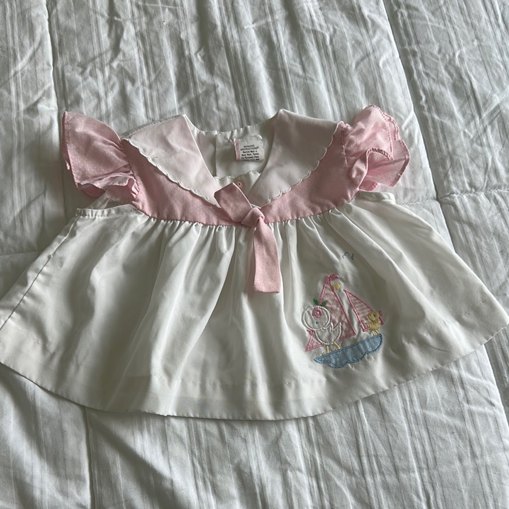 Vintage Pink and White Baby top blouse with Sailboat Embroidery sz 18 months